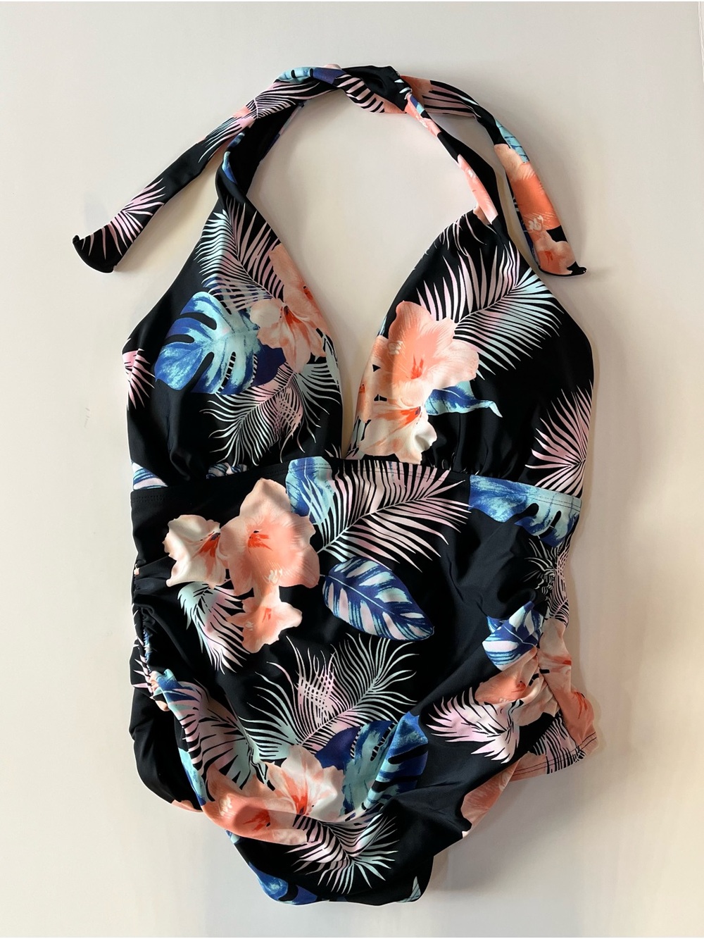 DKNY Black Floral Halter One-Piece with Coral Blue Print size XL - Picture 1 of 6